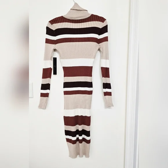 Neutral Tone Striped Ribbed Turtleneck Bodycon Dress Size M - Picture 10 of 11